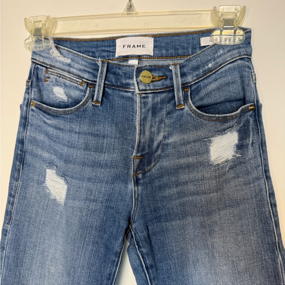 Frame Le High Straight Laskey Rips Distressed Denim Jeans Light Wash Size 23 - Picture 6 of 10